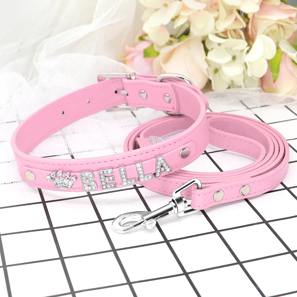 Personalized Dog Collar Leash Set Puppy Kitten Rhinestone Collars Necklace Free Letter Charm For Small Large Dogs Cats ChiHuaHua