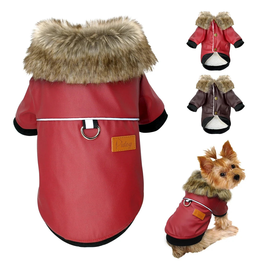 Cool Leather Dog Jacket Coat Warm Winter Dog Clothes French Bulldog Waterproof Pet Clothing Outfit for Small Medium Dogs Black
