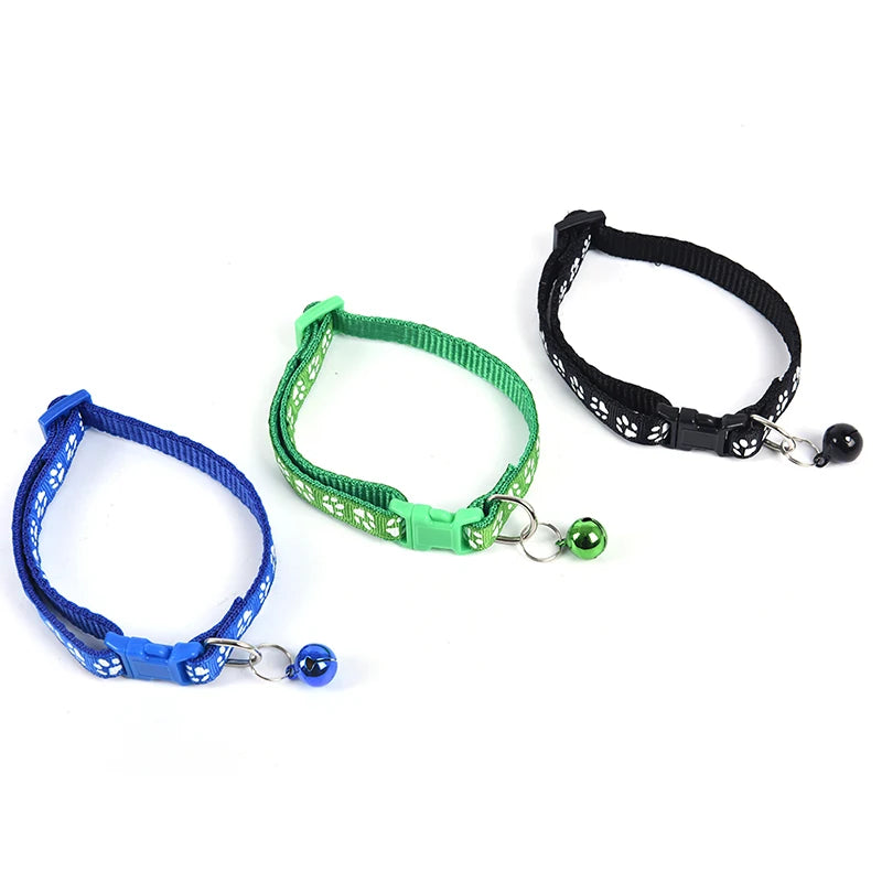 12PCS Dog Collars Pet Cat Puppy Buckle Nylon Collar with Bell 6 Colors Footprint