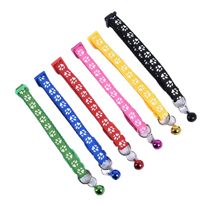 12PCS Dog Collars Pet Cat Puppy Buckle Nylon Collar with Bell 6 Colors Footprint