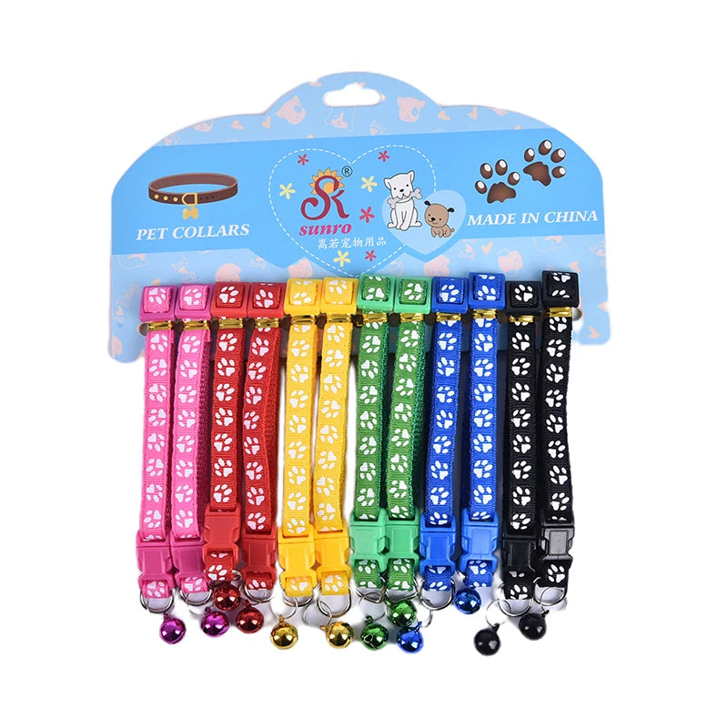 12PCS Dog Collars Pet Cat Puppy Buckle Nylon Collar with Bell 6 Colors Footprint