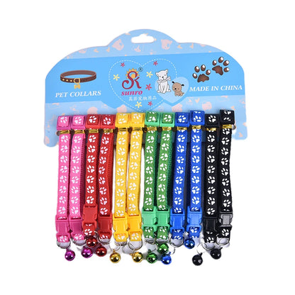 12PCS Dog Collars Pet Cat Puppy Buckle Nylon Collar with Bell 6 Colors Footprint