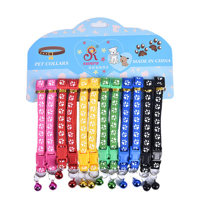 12PCS Dog Collars Pet Cat Puppy Buckle Nylon Collar with Bell 6 Colors Footprint